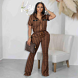 Zipper Short Sleeve Jacket Flare Pants Outfits HMS-5567