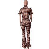 Zipper Short Sleeve Jacket Flare Pants Outfits HMS-5567