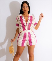 Hollow Out See-through Lapel Knitted Shorts Suit ZS-0261