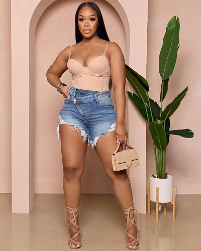 Summer Low Waist Ripped Tassel Stretch Jean Shorts MEM-88484