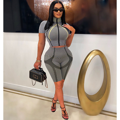 Striped Zipper Short Sleeve Tops Jogger Shorts Suit NM-8810