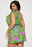 Floral Print One Shoulder Ruffle Lace Up Summer Rompers YD-8715