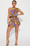 Floral Print One Shoulder Ruffle Lace Up Summer Rompers YD-8715