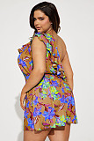 Floral Print One Shoulder Ruffle Lace Up Summer Rompers YD-8715