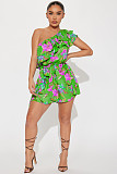 Floral Print One Shoulder Ruffle Lace Up Summer Rompers YD-8715