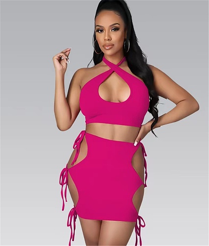 Halter Backless Crop Tops Hollow Out Lace Up Skirt Sets XY-9290