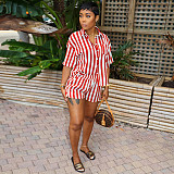 Striped Print Turn Down Collar Shirt Shorts Outfits WSY-5963