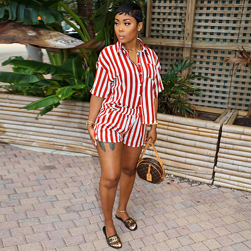 Striped Print Turn Down Collar Shirt Shorts Outfits WSY-5963