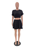 Solid Short Sleeve Crop Tops Mini Skirt Two Piece Sets JH-332