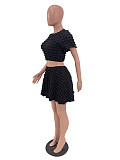 Solid Short Sleeve Crop Tops Mini Skirt Two Piece Sets JH-332