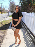 Solid Short Sleeve Crop Tops Mini Skirt Two Piece Sets JH-332