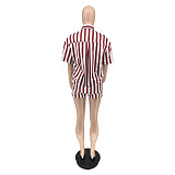 Striped Print Turn Down Collar Shirt Shorts Outfits WSY-5963
