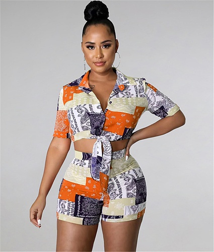 Paisley Print Lace Up Shirts High Waist Shorts Set GLS-10105