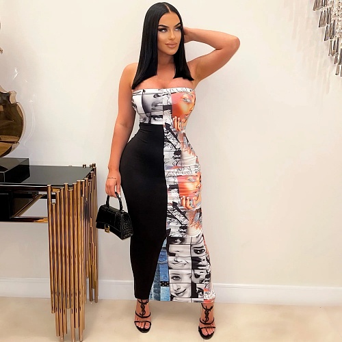 Sexy Patchwork Print Strapless Bodycon Maxi Dresses YH-5292