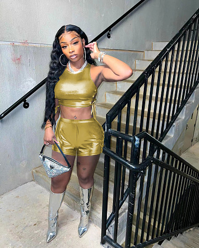 Cut Out Side Bandage Crop Tops and Shorts 2 Piece Set NM-8811