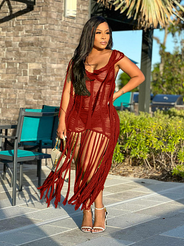 Knitted Crochet See Through Tassel Beach Dresses TR-1253
