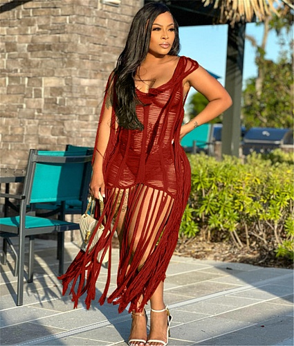 Knitted Crochet See Through Tassel Beach Dresses TR-1253