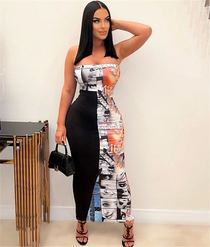 Sexy Patchwork Print Strapless Bodycon Maxi Dresses YH-5292