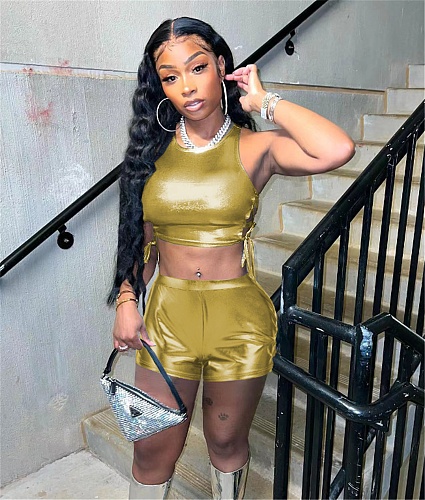Cut Out Side Bandage Crop Tops and Shorts 2 Piece Set NM-8811