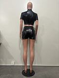 PU Leather Short Sleeve Crop Tops irregular Shorts Outfits OD-8551