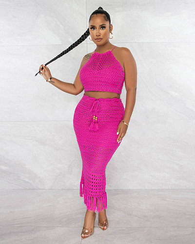 Backless Bandage Crop Tops Tassel Skirt 2 Piece Sets YD-8706