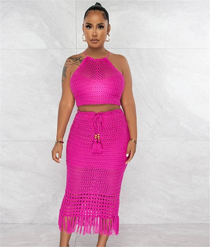 Backless Bandage Crop Tops Tassel Skirt 2 Piece Sets YD-8706