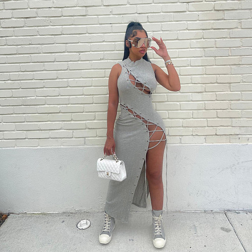 Sexy Hollow Out Sleeveless Bandage High Slit Dress CY-6104