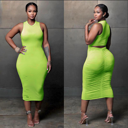 Solid Color Sleeveless Holes Draw Pleated Dresses BNY-7107