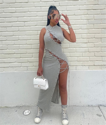 Sexy Hollow Out Sleeveless Bandage High Slit Dress CY-6104