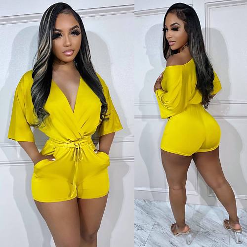 V Neck Short Sleeve Lace Up One Pieces Romper ORY-5249