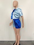 Glossy Contrast Color Patchwork Shirts Short Sets BN-9424