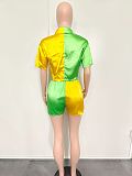 Glossy Contrast Color Patchwork Shirts Short Sets BN-9424