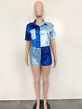 Glossy Contrast Color Patchwork Shirts Short Sets BN-9424
