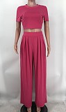 Solid Short Sleeve Crop Tops Wide Leg Pants Suit XMY-9411