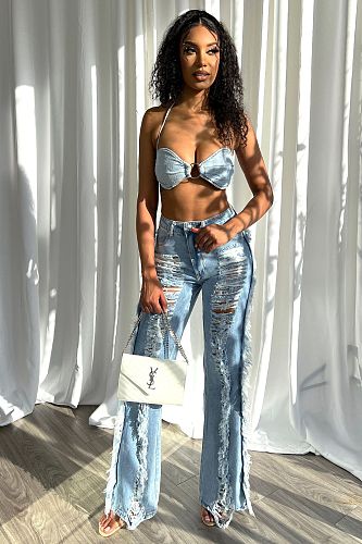 Sexy Denim Halter Backless Bra Ripped Holes Pants Suit LX-5529