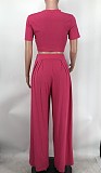 Solid Short Sleeve Crop Tops Wide Leg Pants Suit XMY-9411