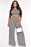 Solid Short Sleeve Crop Tops Wide Leg Pants Suit XMY-9411