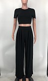 Solid Short Sleeve Crop Tops Wide Leg Pants Suit XMY-9411