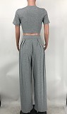 Solid Short Sleeve Crop Tops Wide Leg Pants Suit XMY-9411