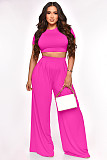 Solid Short Sleeve Crop Tops Wide Leg Pants Suit XMY-9411