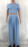 Solid Short Sleeve Crop Tops Wide Leg Pants Suit XMY-9411