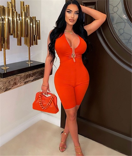 Low Cut Halter Lace Up Backless Bodycon Romper WDS-230418