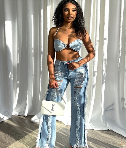 Sexy Denim Halter Backless Bra Ripped Holes Pants Suit LX-5529