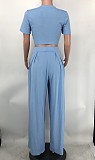 Solid Short Sleeve Crop Tops Wide Leg Pants Suit XMY-9411