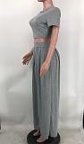 Solid Short Sleeve Crop Tops Wide Leg Pants Suit XMY-9411