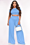 Solid Short Sleeve Crop Tops Wide Leg Pants Suit XMY-9411