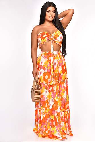Summer Floral Print Strapless Crop Tops Maxi Skirts Set XMY-9410