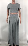 Solid Short Sleeve Crop Tops Wide Leg Pants Suit XMY-9411