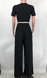 Solid Short Sleeve Crop Tops Wide Leg Pants Suit XMY-9411