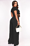 Solid Short Sleeve Crop Tops Wide Leg Pants Suit XMY-9411
